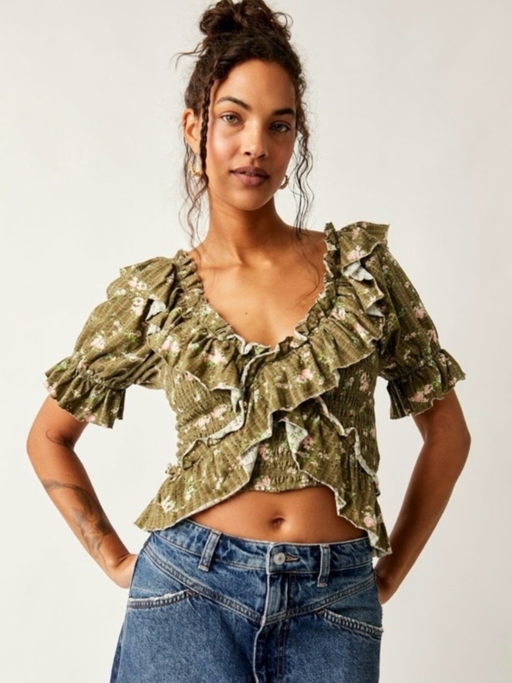 Free People Dainty Ruffle Floral Prairie Favorite Girl Top Army Combo Medium